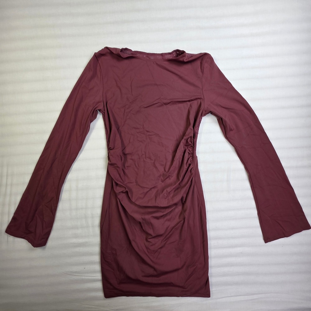 Halara Burgundy Long Sleeve Ruched Mini Dress Laser Cut Eyelet Back Size M